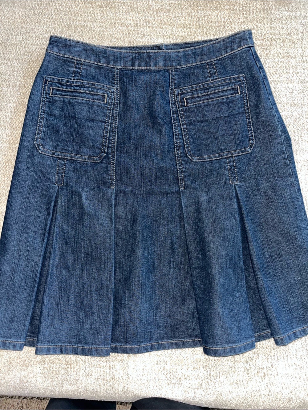 DKNY Dark Indigo Denim Midi Skirt with Front Patch Pockets